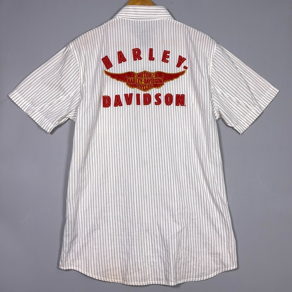 Harley‎ Davidson Pinstripe Embroidered Shirt Mens Size Large  White Biker Y2K